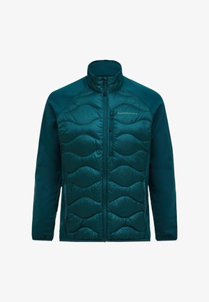 Turquoise doorgestikte jas met een volledige rits aan de voorkant, hoge kraag, ritsvak op de borst en het "Peak Performance"-logo op de linkerborst.