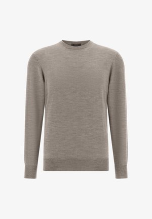 Beige gebreide trui, ronde hals, lange mouwen, geribde manchetten en zoom, gladde structuur, lichte stof, ontworpen voor casual wear.