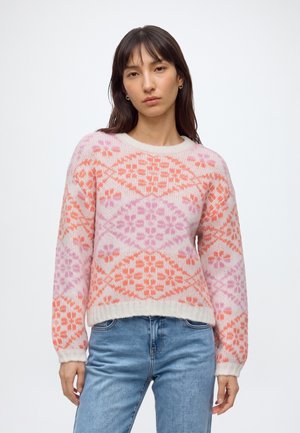ONLY, ONLCARO LS PATTERN O-NECK CC KNT - Пуловер - birch/flower/schet pink/tigerlily