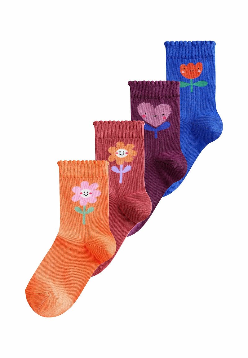 Ensemble de quatre chaussettes en coton de couleurs orange, rose, bordeaux et bleu. Chacune présente un motif unique de fleur ou de cœur dans des couleurs contrastées.