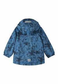 Wodoodporna kurtka w kolorze niebieskim, z czarnym wzorem drzew. Posiada kaptur oraz elastyczne mankiety zapewniające pewne dopasowanie. Wytrzymała, gładka tkanina.