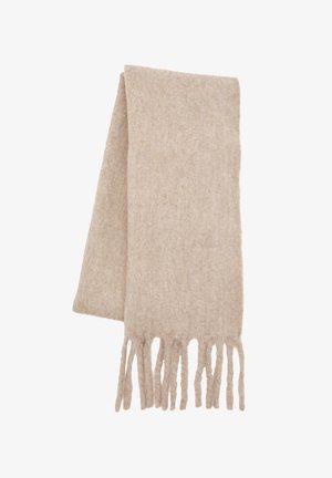 Sciarpa di lana beige con una texture morbida, caratterizzata da frange lunghe a un'estremità e da una forma rettangolare semplice.