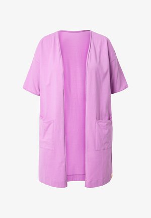Helllila Kimono-Style Cardigan aus weichem Stoff, mit kurzen Ärmeln, offenem Frontdesign und zwei vorderen Taschen. Glatte Textur.