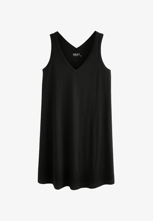 Abito nero senza maniche con scollatura a V, realizzato in tessuto liscio, caratterizzato da una vestibilità comoda e da una silhouette che arriva al ginocchio.