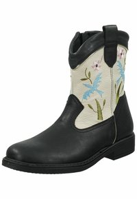 Bottine en cuir noir avec un motif floral et de feuillage brodé en bleu et vert sur fond crème, dotée de panneaux élastiques sur les côtés et d'une languette de tirage.