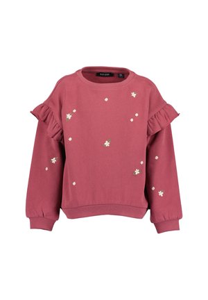 Dziecięca bluza w kolorze przydymionego różu z małą białą kwiatową haftowaną ozdobą i falbaną na górnej części rękawów i klatce piersiowej.