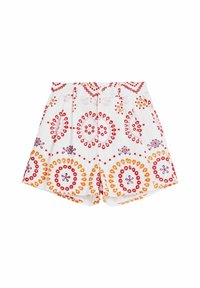 Vita shorts med färgglada cirkulära mönster i röd, lila och orange. Har ett elastiskt midjeband och två sidofickor.