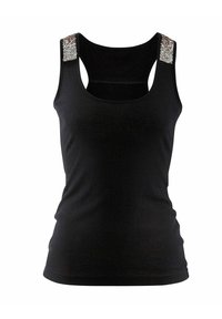 Svart linne med rundad halsringning och racerback-design. Anmärkningsvärda detaljer inkluderar paljettaccent på axelremmarna.