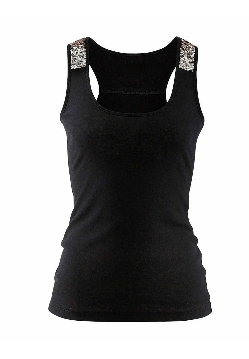 Svart linne med rundad halsringning och racerback-design. Anmärkningsvärda detaljer inkluderar paljettaccent på axelremmarna.