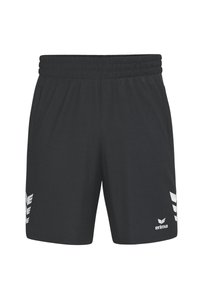 Shorts de sport noirs avec une taille élastique, deux poches latérales et des accents de logo blancs sur les côtés inférieurs. Tissu léger.