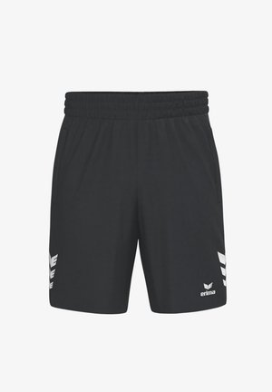 Schwarze Sportshorts mit elastischem Bund, zwei Seitentaschen und weißen Logo-Akzenten an den unteren Seiten. Leichter Stoff.