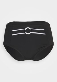 Črne bikinice z visokim pasom, izdelane iz raztegljivega materiala, z belimi dodatnimi stripe in okroglo dekorativno podrobnostjo spredaj.