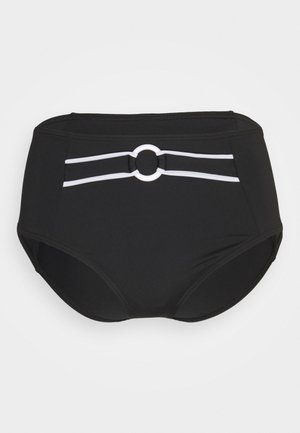 Bas de bikini taille haute noir en matière extensible, avec des rayures blanches en accent et un détail décoratif circulaire à l'avant.