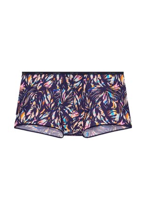 Boxerky ve stylu boxerů v tmavě námořnické látce s barevným listovým vzorem v růžové, oranžové a modré barvě. Elastický pas s detailem loga.