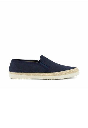 Navy blue slip-on canvas shoe with white rubber sole and braided jute midsole, designed for casual wear.