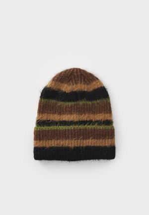 Knit beanie in brown, green, and black stripes. Soft texture with a slightly fuzzy finish. Tapered shape with a ribbed edge.