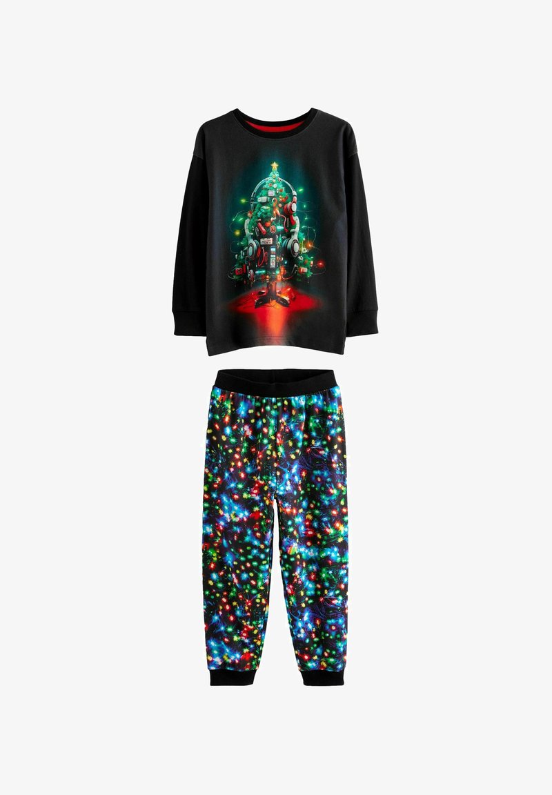Black long-sleeve pajama top with a colorful Christmas tree graphic, paired with pants featuring a multicolored lights pattern.