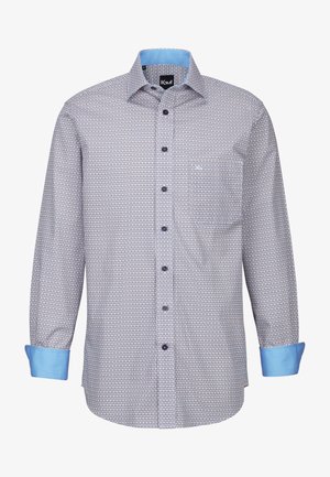 Camicia a maniche lunghe azzurro chiaro e bianca con un motivo geometrico, chiusura con bottoni frontale e polsini azzurro chiaro a contrasto. Presenta una tasca sul petto.