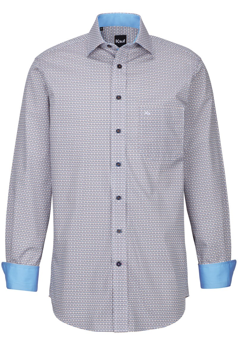 Camicia a maniche lunghe azzurro chiaro e bianca con un motivo geometrico, chiusura con bottoni frontale e polsini azzurro chiaro a contrasto. Presenta una tasca sul petto.