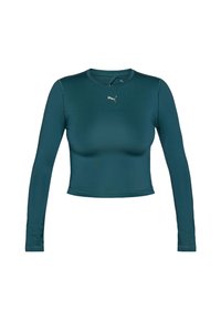 Długi rękaw, skrócony top w tealowym materiale o gładkiej fakturze. Posiada okrągły dekolt oraz małe, złote logo Puma na piersi.