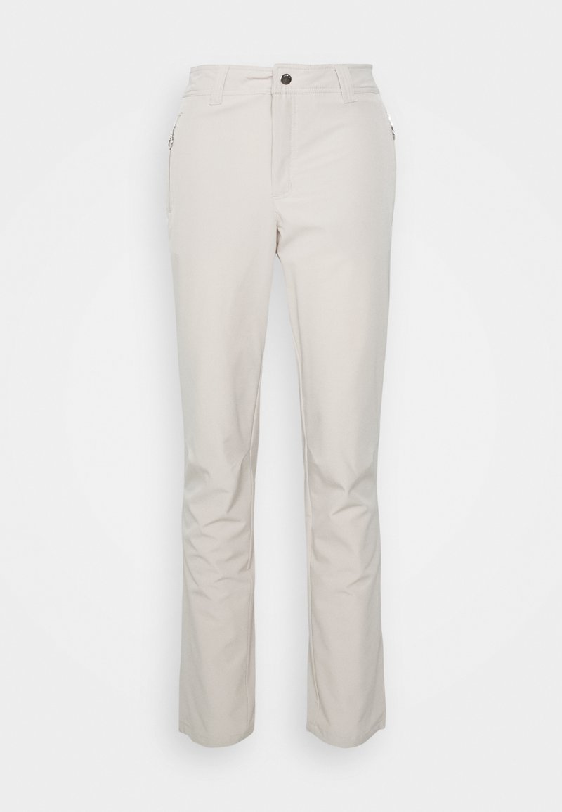Pantalon beige à jambes droites avec bouton frontal, passants pour ceinture et poches latérales, présenté sur un fond blanc.