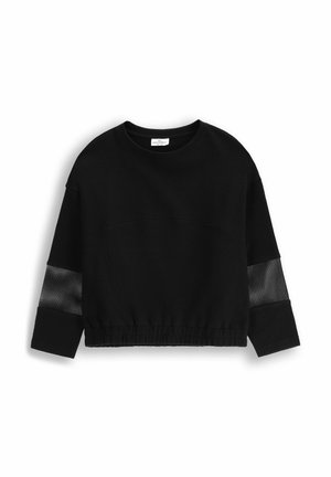 Czarny skrócony sweter wykonany z materiału frotte, z siateczkowymi akcentami na rękawach, okrągłym dekoltem i elastycznym dołem.