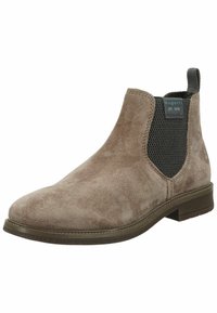 Hnědé semišové kotníkové boty s elastickými postranními panely a strukturovanou podrážkou. Obsahují poutko pro snadné obouvání. Minimalistický design s hladkým povrchem.