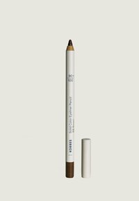 Brauner Eyeliner-Stift mit weißem Körper. Eine Kappe an einem Ende; die Mine ist dunkelbraun. Die Etiketten "Korres" und "Solid Color Eyeliner Pencil" sind sichtbar.