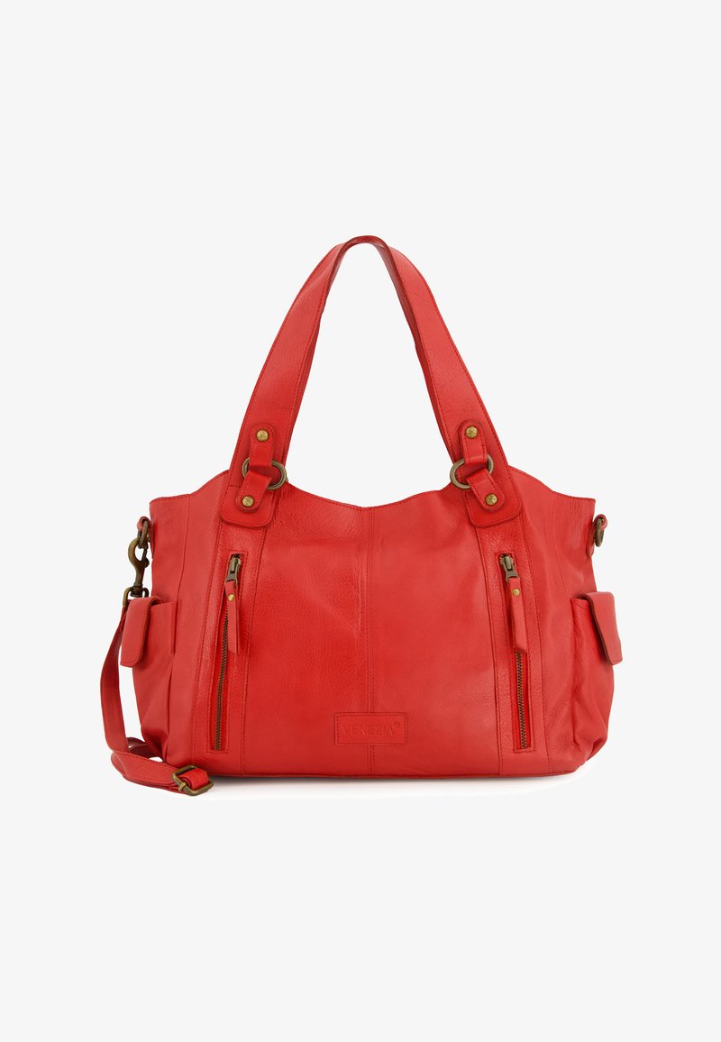 Rote Lederhandtasche mit zwei großen Griffen, mehreren Reißverschlussfächern und goldfarbenen Hardware-Akzenten. Besitzt eine strukturierte Form und eine glatte Textur.