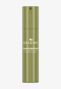 Botella cilíndrica verde de suero con texto blanco que dice "ORIGINS PLANTSCRIPTION™ SUERO JUVENIL MULTIPODER" y un dosificador en la parte superior.