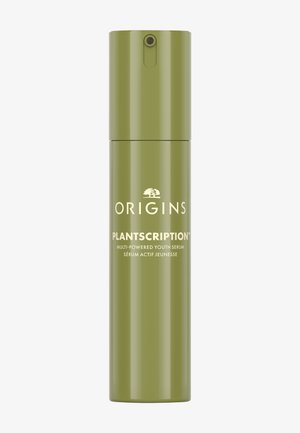 Groene cilindervormige serumbottle met witte tekst waarop staat "ORIGINS PLANTSCRIPTION™ MULTI-POWERED YOUTH SERUM" en een pompje bovenop.