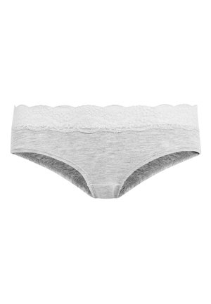 Mutante grigio in cotone con una cintura in pizzo bianco, caratterizzato da una consistenza morbida e un design base a vita bassa.