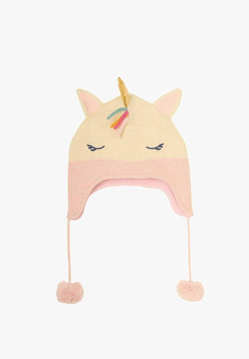 Dzianinowy kapelusz jednorożca w kolorze kremowym i jasnoróżowym z uszami, haftowanymi oczami, złotym rogiem i wiązaniami zakończonymi różowymi pomponami. Miękka tekstura.