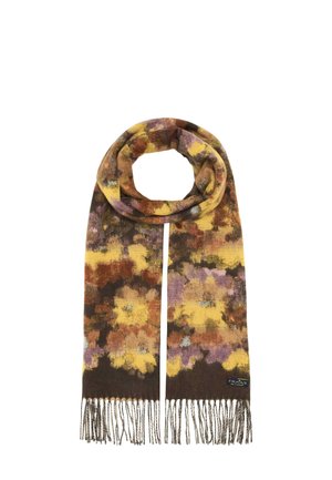 Soft wool scarf with abstract floral pattern in yellow, brown, purple, and orange, featuring fringed ends and a small brand tag.