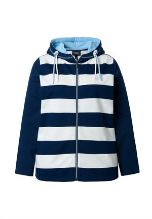 Felpa con cappuccio a righe blu navy e bianche con cerniera, coulisse azzurro chiaro e fodera del cappuccio, maniche lunghe e chiusura frontale con cerniera.