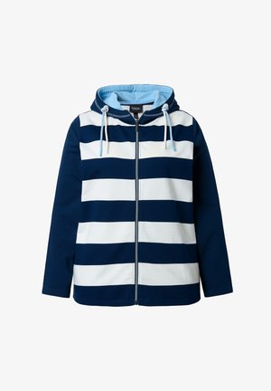 Granatowo-biała bluza z kapturem zapinana na suwak z jasnoniebieskimi sznurkami i podszyciem kaptura, długimi rękawami oraz zamkiem z przodu.