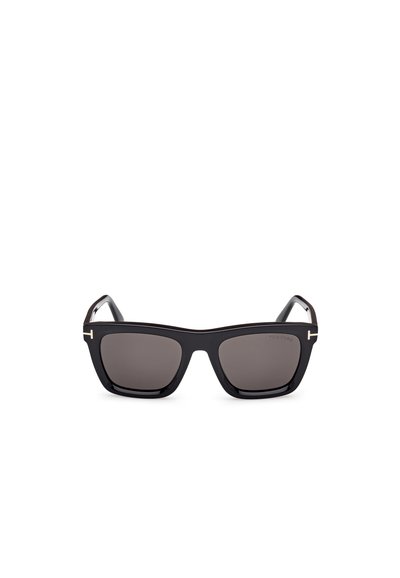 Black rectangular sunglasses with dark lenses. Features gold accents on the arms. Made from smooth plastic with a glossy finish.