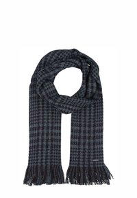 Gewebter Schal in Dunkelblau und Marineblau mit kariertem Muster, abgeschlossen mit Fransen an den Rändern. Hergestellt aus weichem, strukturiertem Material.