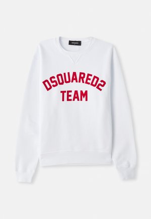 Weißes Sweatshirt mit Rundhalsausschnitt, gerippten Bündchen und Saum. Mit rotem "DSQUARED2 TEAM"-Text in einem gewölbten Design auf der Vorderseite.