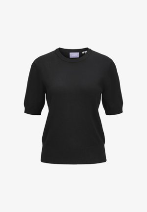 Zwarte gebreide trui met korte mouwen en een ronde halslijn, met ribbels aan de mouwen en de zoom. Gladde textuur en aangesloten ontwerp. Etiket zichtbaar binnen in de hals.