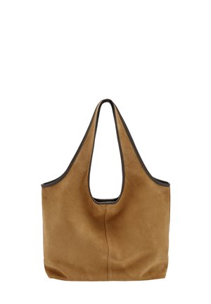 Brązowa torba na ramię z zamszu z szerokim otwarciem i zaokrąglonym uchwytem wyciętym w środku, z ciemną lamówką na krawędziach i gładką fakturą.