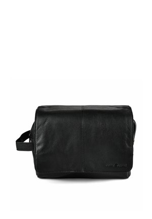 Schwarze Leder-Kulturtasche mit Reißverschluss-Hauptfach und seitlichem Griff, zeigt glatte Textur und dezente Markenprägung.