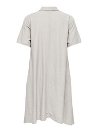 Robe beige clair, manches courtes, longueur genou, avec col, vue de dos sur fond blanc.