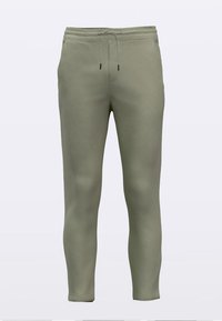 Pantaloni jogger verde măsliniu deschis cu dungi, talie elastică și șnur, croială conică, lungime până la gleznă, pe fundal simplu deschis.