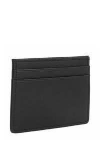 Porte-cartes en cuir noir au design épuré, comportant plusieurs emplacements pour cartes et de fines coutures le long des bords pour une durabilité accrue.