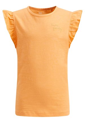Chemise orange à manches courtes avec manches volantées et petit texte en cursive « have a good day » brodé près de l'encolure.