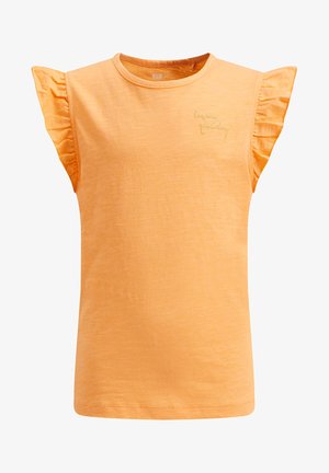 Orange kortærmet skjorte med flæser på ærmerne og lille kursiv tekst "have a good day" broderet nær halsudskæringen.