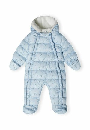 Combinaison de neige bébé rembourrée bleu clair avec capuche, moufles, couvre-pieds et petit motif triangulaire foncé partout.