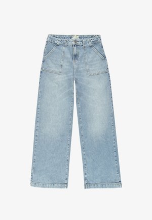 Lichtblauwe denim wijdere broeken met een hoge taille, voorzien van twee voorkruiden en een knoopsluiting, met een licht vervaagde wassing.