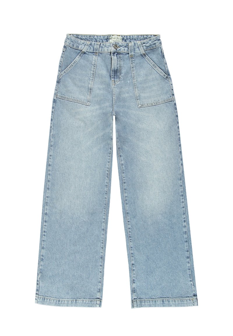 Lichtblauwe denim wijdere broeken met een hoge taille, voorzien van twee voorkruiden en een knoopsluiting, met een licht vervaagde wassing.